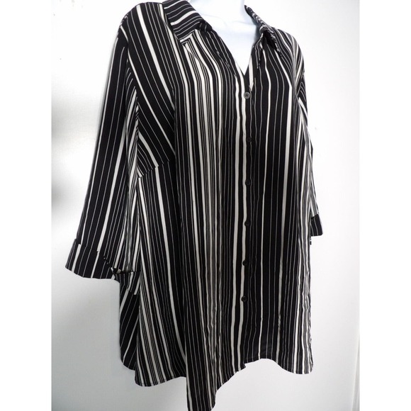 Catherines 1X 18/20 Blouse Black White Striped Collared Button Office Career - Picture 3 of 11